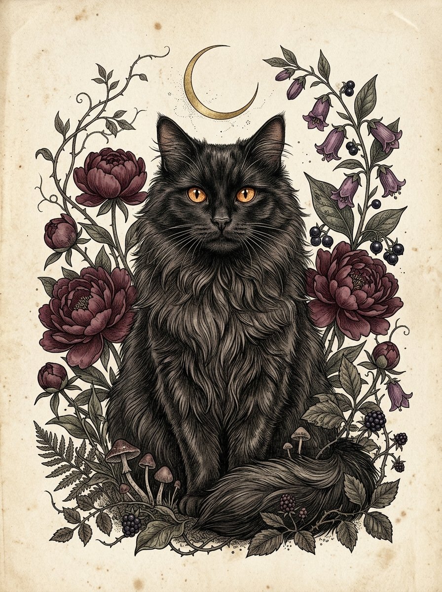 Black cat with peonies print