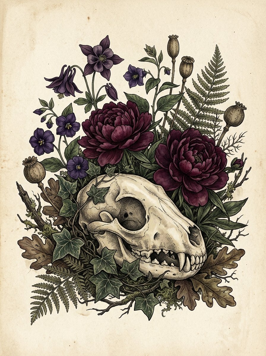 Skull and peonies print